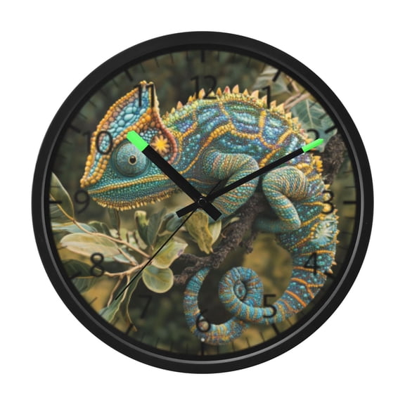 DIXRUYEE Voice Activated LED Night Wall Clock Size:12in Bright Blue and Green Chameleon Among Foliage Pattern