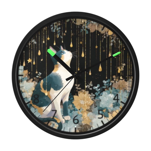 DIXRUYEE Voice Activated LED Night Wall Clock Size:12in Cat under Golden Drips Pattern