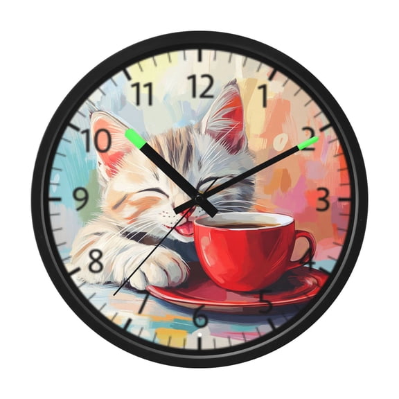 DIXRUYEE Voice Activated LED Night Wall Clock Size:12in Cozy Cat Coffee Time Pattern