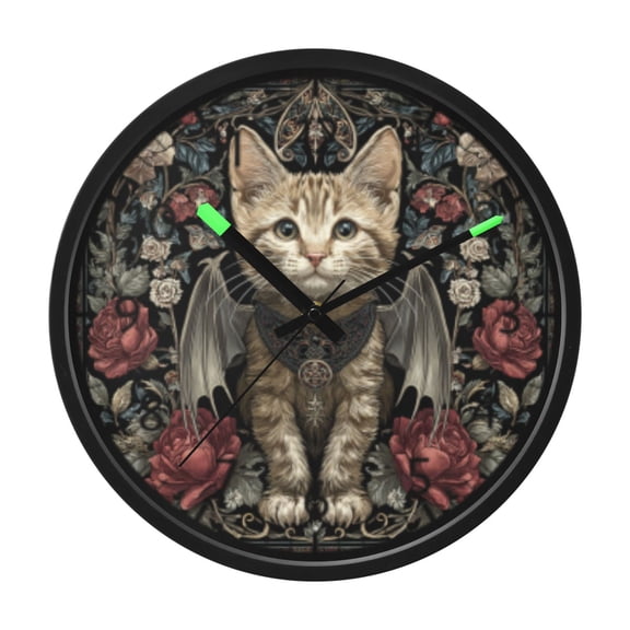 DIXRUYEE Voice Activated LED Night Wall Clock Size:12in Gothic Winged Kitten Pattern
