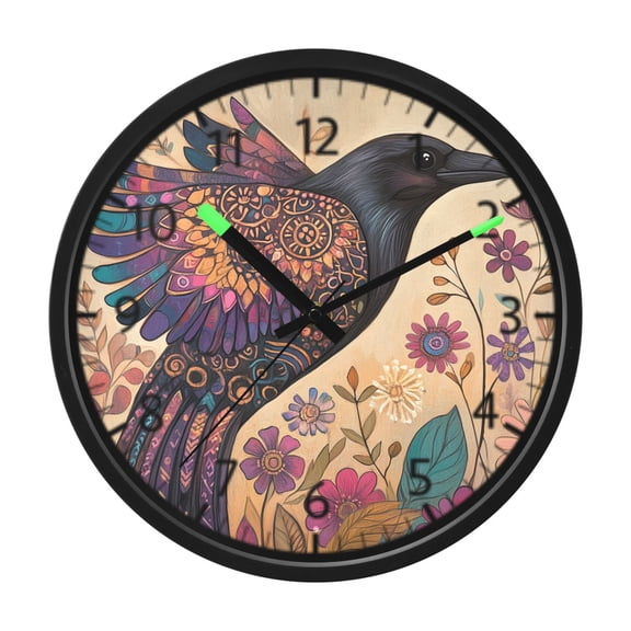 DIXRUYEE Voice Activated LED Night Wall Clock Size:12in Mystical Crow Blossom Pattern