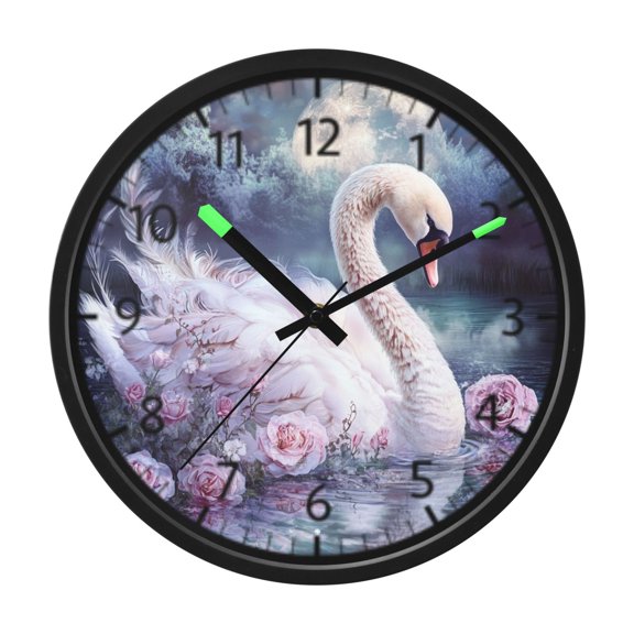 DIXRUYEE Voice Activated LED Night Wall Clock Size:12in Swan by Moonlight with Roses Pattern
