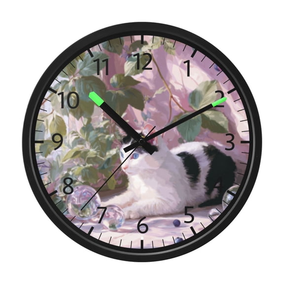 DIXRUYEE Voice Activated LED Night 12in Clock with Whimsical Cat in Berry Pattern