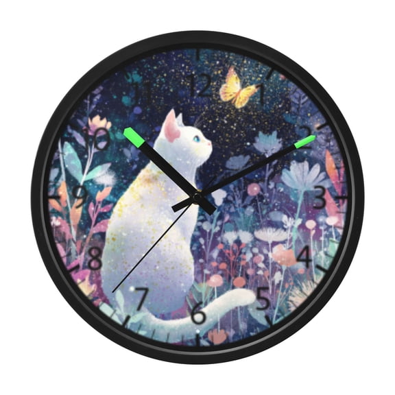 DIXRUYEE Voice Activated LED Night Wall Clock Size:12in Whimsy Cat & Flutter Pattern