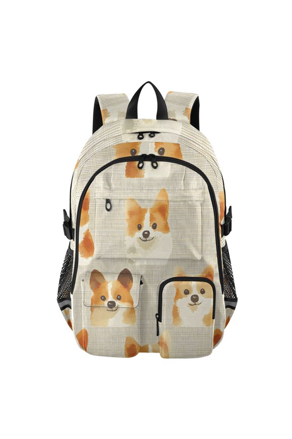 Watercolor Corgi Pattern Backpack for School 14Laptop Compatible with Reflective Safety Strips