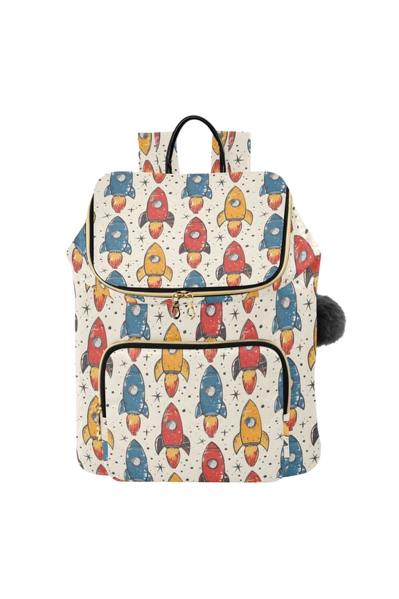 Weird and Fun Graffiti Sketch Pattern Of Spaceship Black Outline White Background Printed Quilted 14 Inch Laptop Backpack Multi-Pocket Lightweight Daypack with Pom Pom Charm