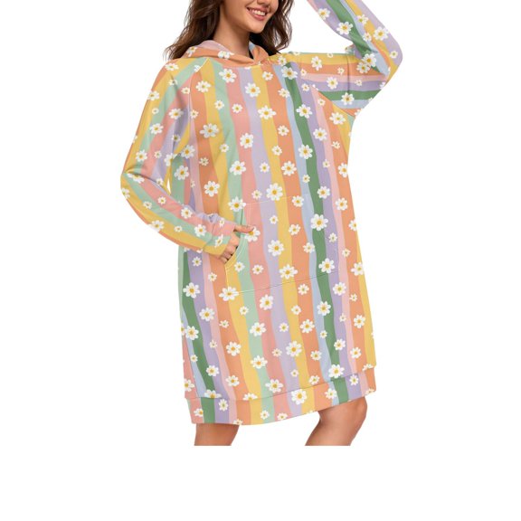 DIXRUYEE White Flower Stripes Print Womens Long Oversized Hoodie Dress Casual Pullover Hooded Sweatshirt Dress with Kangaroo Pocket Loose Streetwear Loungewear