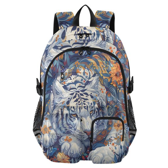 DIXRUYEE White Tiger Flowers Backpack for School 14Laptop Compatible with Reflective Safety Strips