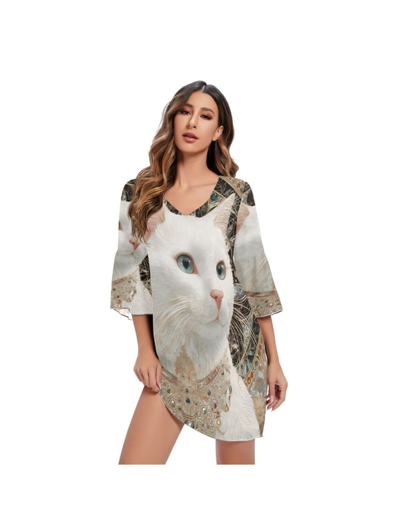 DIXRUYEE Women V-Neck Bell Sleeve Mini Dress Celestial Mandala Cat Short Tunic Dress