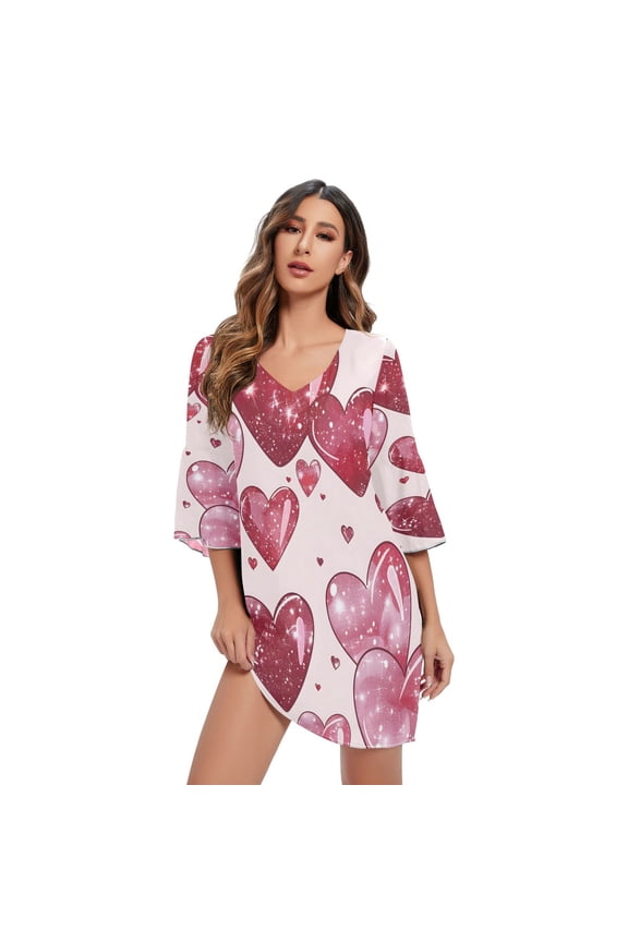 DIXRUYEE Women V-Neck Bell Sleeve Mini Dress Flashing Red Heart Pattern Short Tunic Dress