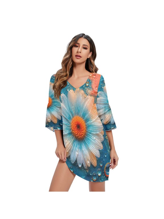 DIXRUYEE Women V-Neck Bell Sleeve Mini Dress Flower Floating Pool Water Short Tunic Dress