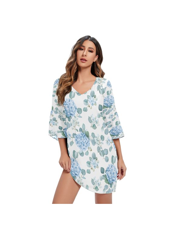 DIXRUYEE Women V-Neck Bell Sleeve Mini Dress Hydrangea Eucalyptus Leaves Short Tunic Dress