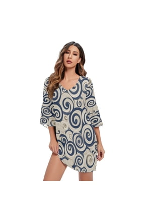 DIXRUYEE Women V-Neck Bell Sleeve Mini Dress Indigo Swirl Symphony Short Tunic Dress