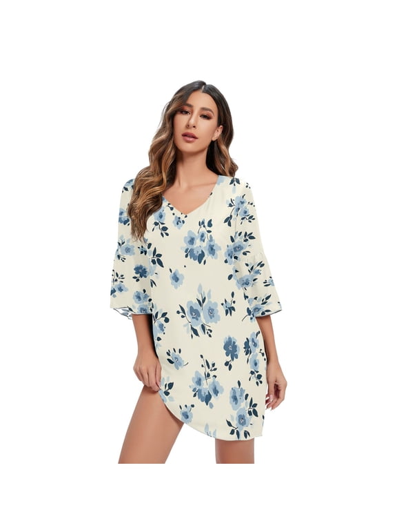 DIXRUYEE Women V-Neck Bell Sleeve Mini Dress Light_blue and Navy Floral Pattern Short Tunic Dress