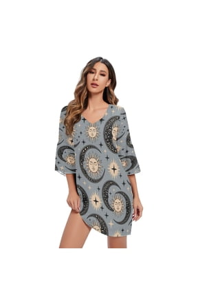 DIXRUYEE Women V-Neck Bell Sleeve Mini Dress Seam Sun Moon Short Tunic Dress