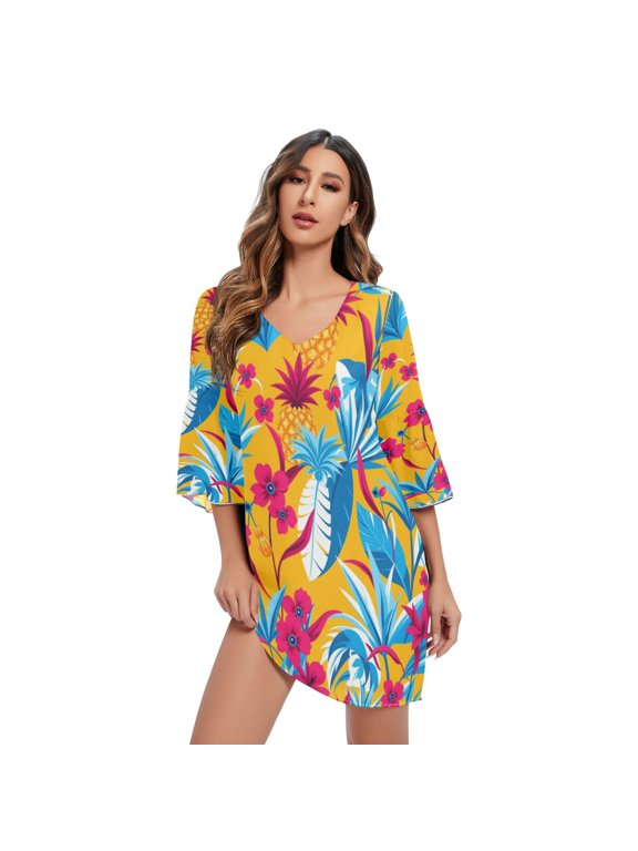 DIXRUYEE Women V-Neck Bell Sleeve Mini Dress Sunny Pineapple Tropic Short Tunic Dress