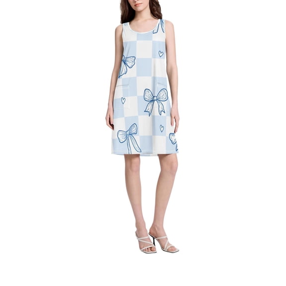 DIXRUYEE Womens Dresses Loose Neck Sleeveless Oversize Blue Bow Checkboard Pattern