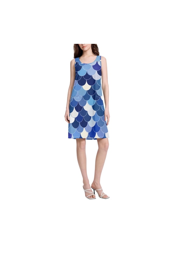 DIXRUYEE Womens Dresses Loose Neck Sleeveless Oversize Blue Fish Scales Pattern
