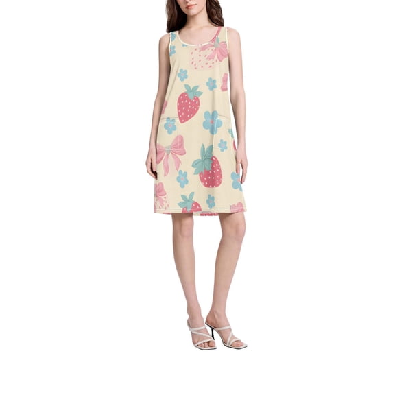 DIXRUYEE Womens Dresses Loose Neck Sleeveless Oversize Blue Flower Bow Strawberry Pattern