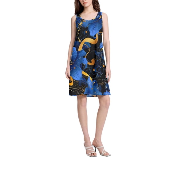 DIXRUYEE Womens Dresses Loose Neck Sleeveless Oversize Blue Flowers and Gold Lines Pattern Pattern