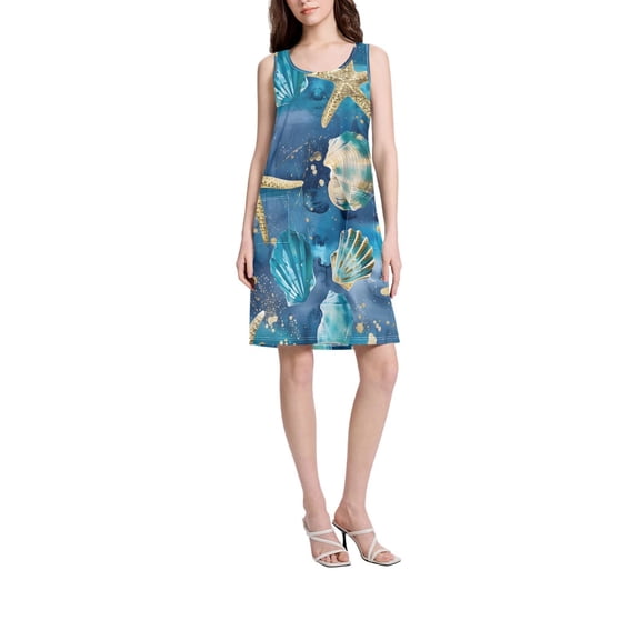DIXRUYEE Womens Dresses Loose Neck Sleeveless Oversize Blue Starfash Pattern