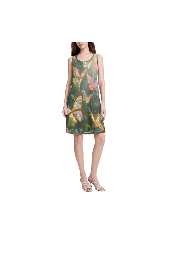 DIXRUYEE Womens Dresses Loose Neck Sleeveless Oversize Butterfly Forest Pattern