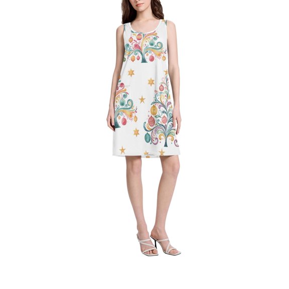 DIXRUYEE Womens Dresses Loose Neck Sleeveless Oversize Christmas Tree Star Pattern Pattern