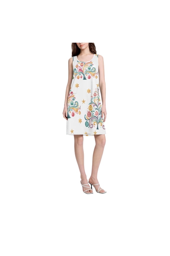 DIXRUYEE Womens Dresses Loose Neck Sleeveless Oversize Christmas Tree Star Pattern Pattern
