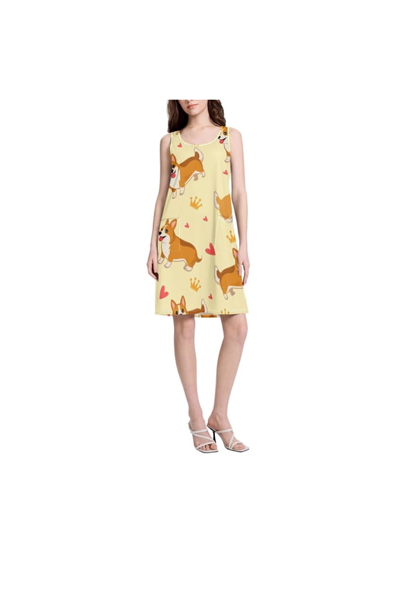 DIXRUYEE Womens Dresses Loose Neck Sleeveless Oversize Corgi Crown Pattern Pattern