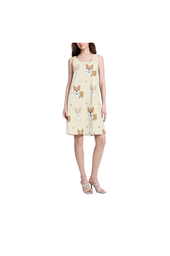 DIXRUYEE Womens Dresses Loose Neck Sleeveless Oversize Corgi Footprints Pattern