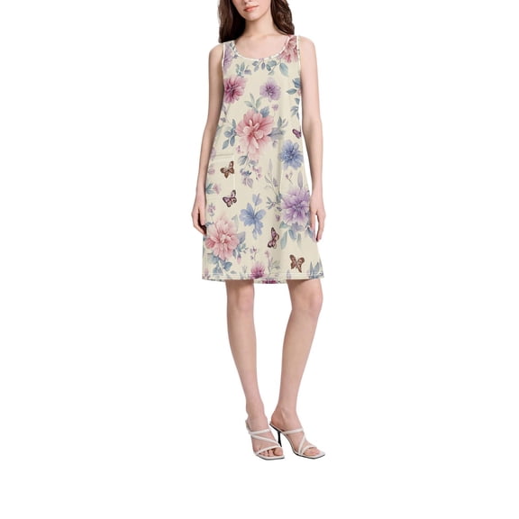 DIXRUYEE Womens Dresses Loose Neck Sleeveless Oversize Cream Flutter Pattern