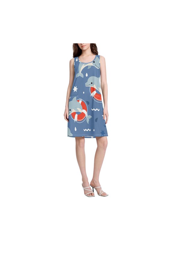 DIXRUYEE Womens Dresses Loose Neck Sleeveless Oversize Cute Swimming Circle Pattern Pattern