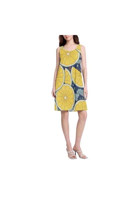 DIXRUYEE Womens Dresses Loose Neck Sleeveless Oversize Fruit Yellow Lemon Pattern