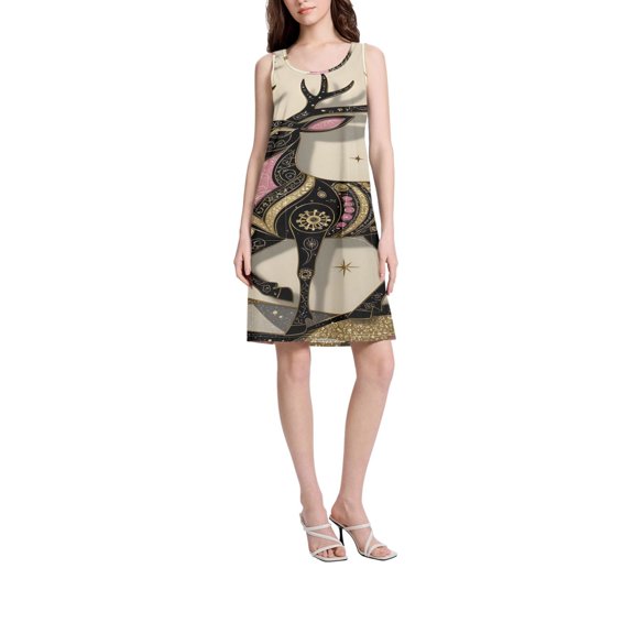 DIXRUYEE Womens Dresses Loose Neck Sleeveless Oversize Gilded Midnight Deer Pattern