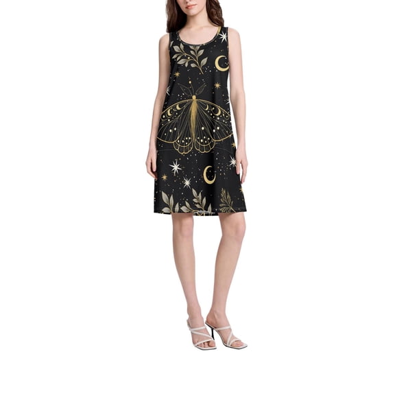 DIXRUYEE Womens Dresses Loose Neck Sleeveless Oversize Golden Moth Pattern