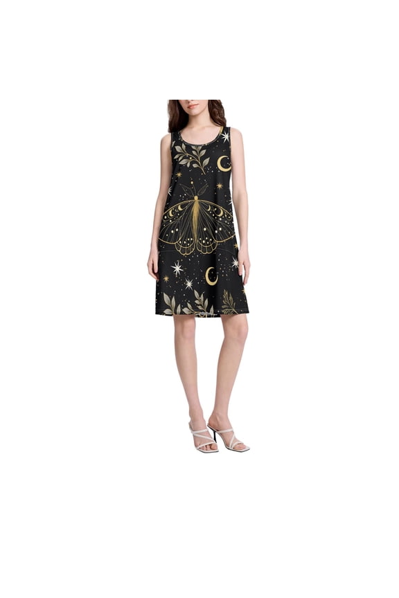 DIXRUYEE Womens Dresses Loose Neck Sleeveless Oversize Golden Moth Pattern