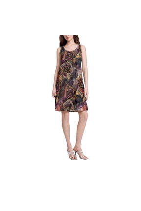 DIXRUYEE Womens Dresses Loose Neck Sleeveless Oversize Gothic Gold-trimmed Roses Pattern