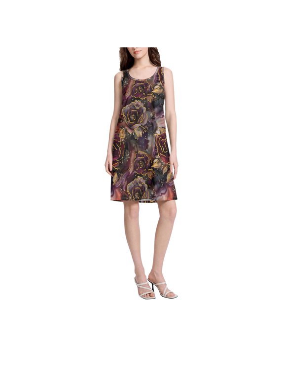 DIXRUYEE Womens Dresses Loose Neck Sleeveless Oversize Gothic Gold-trimmed Roses Pattern