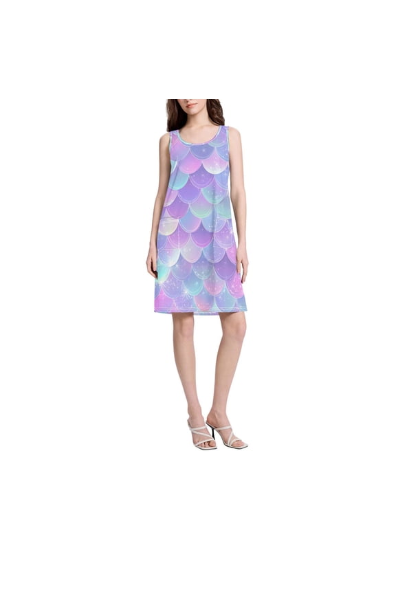 DIXRUYEE Womens Dresses Loose Neck Sleeveless Oversize Gradient Fish Scales Pattern