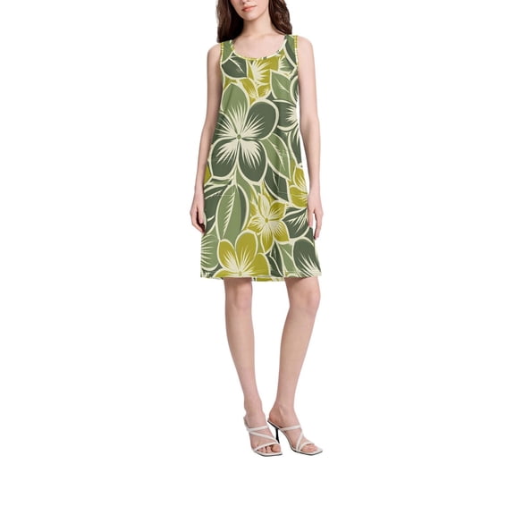 DIXRUYEE Womens Dresses Loose Neck Sleeveless Oversize Green Flowers Pattern