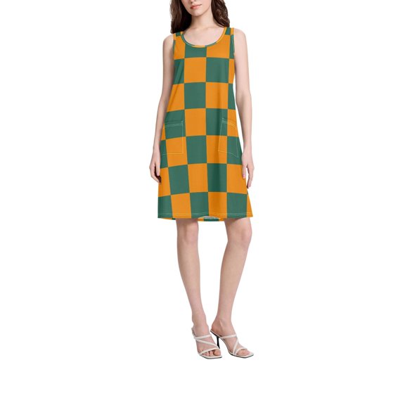 DIXRUYEE Womens Dresses Loose Neck Sleeveless Oversize Green Yellow Grid Pattern Pattern