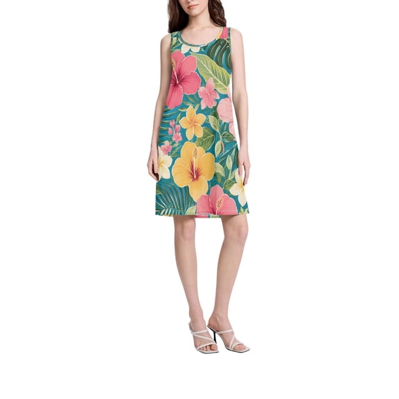DIXRUYEE Womens Dresses Loose Neck Sleeveless Oversize Hibiscus Frangipani Pattern