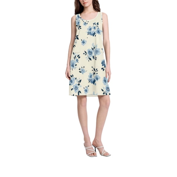 DIXRUYEE Womens Dresses Loose Neck Sleeveless Oversize Light_blue and Navy Floral Pattern Pattern