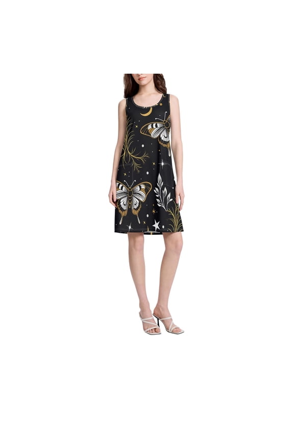 DIXRUYEE Womens Dresses Loose Neck Sleeveless Oversize Moth Moon Pattern