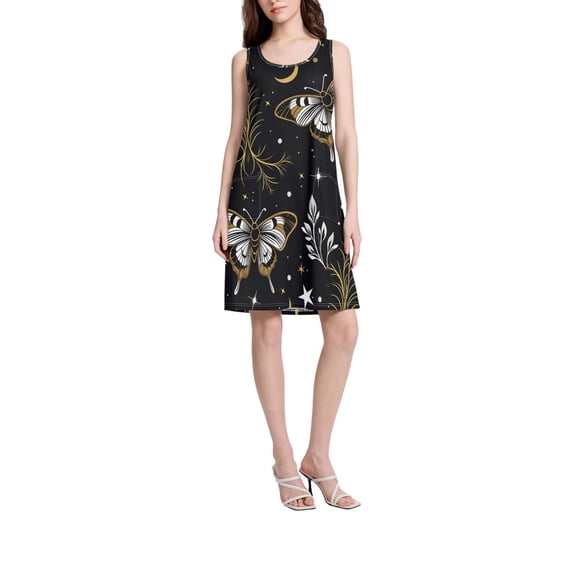 DIXRUYEE Womens Dresses Loose Neck Sleeveless Oversize Moth Moon Pattern