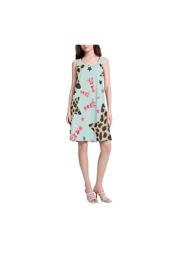 DIXRUYEE Womens Dresses Loose Neck Sleeveless Oversize Pink Bow Leopard Print Five-pointed Star Pattern Pattern