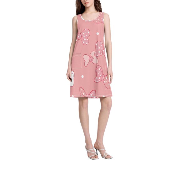 DIXRUYEE Womens Dresses Loose Neck Sleeveless Oversize Pink Bows Dot Pattern Pattern