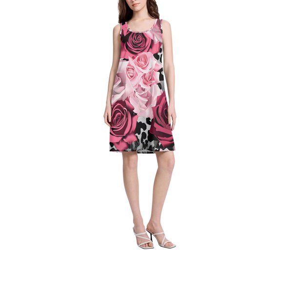 DIXRUYEE Womens Dresses Loose Neck Sleeveless Oversize Pink Rose Red Rose Pattern Pattern