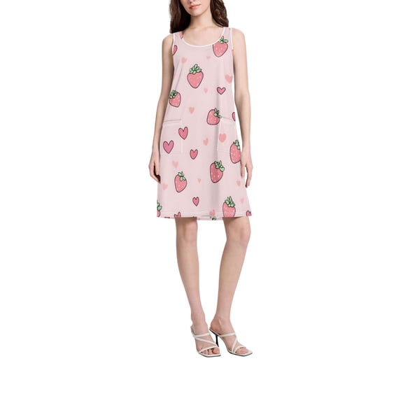 DIXRUYEE Womens Dresses Loose Neck Sleeveless Oversize Pink Strawberry Heart Pattern