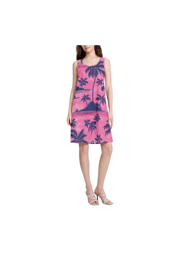 DIXRUYEE Womens Dresses Loose Neck Sleeveless Oversize Pink Tree Pattern